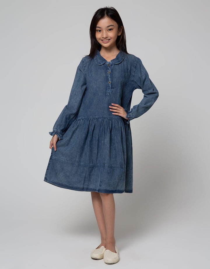 Nevada Long Sleeve Midi Dress Denim With Zip Rok Flare