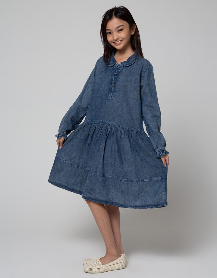 Nevada Long Sleeve Midi Dress Denim With Zip Rok Flare