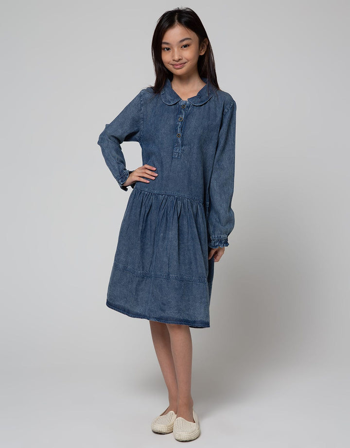 Nevada Long Sleeve Midi Dress Denim With Zip Rok Flare