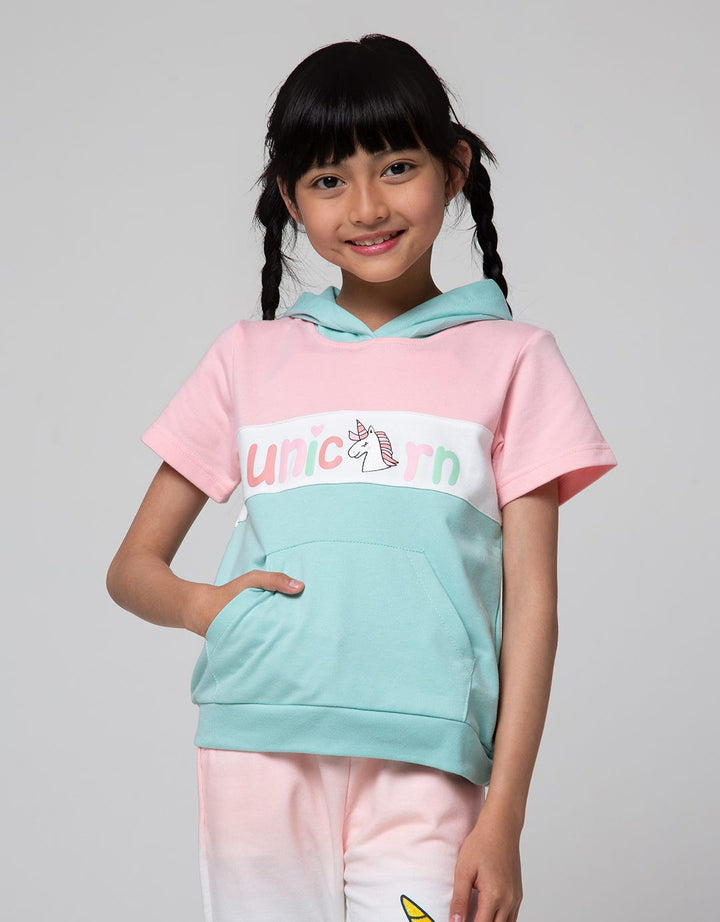 Little M Short Sleeve T-Shirt Hoody Kantong Kanguru Unicorn