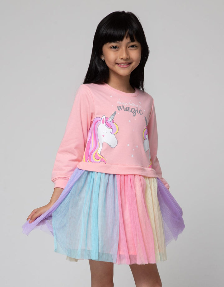 Little M Long Sleeve Midi Dress Tile Fantasy Land Unicorn