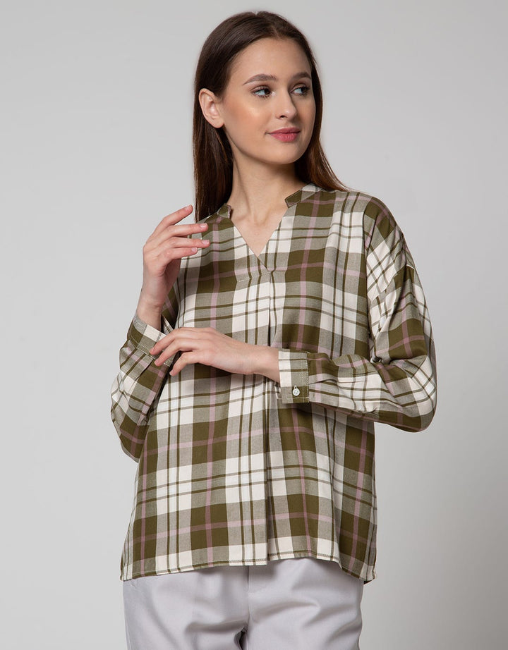 Connexion Long Sleeve Blouse Ryn Yd Check Hai Neck Skipper