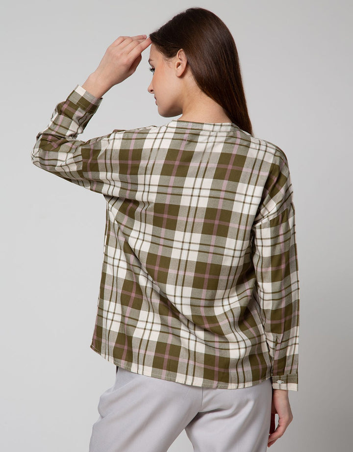 Connexion Long Sleeve Blouse Ryn Yd Check Hai Neck Skipper