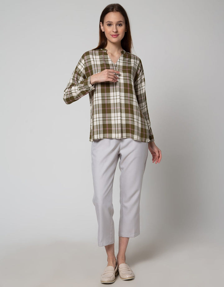Connexion Long Sleeve Blouse Ryn Yd Check Hai Neck Skipper