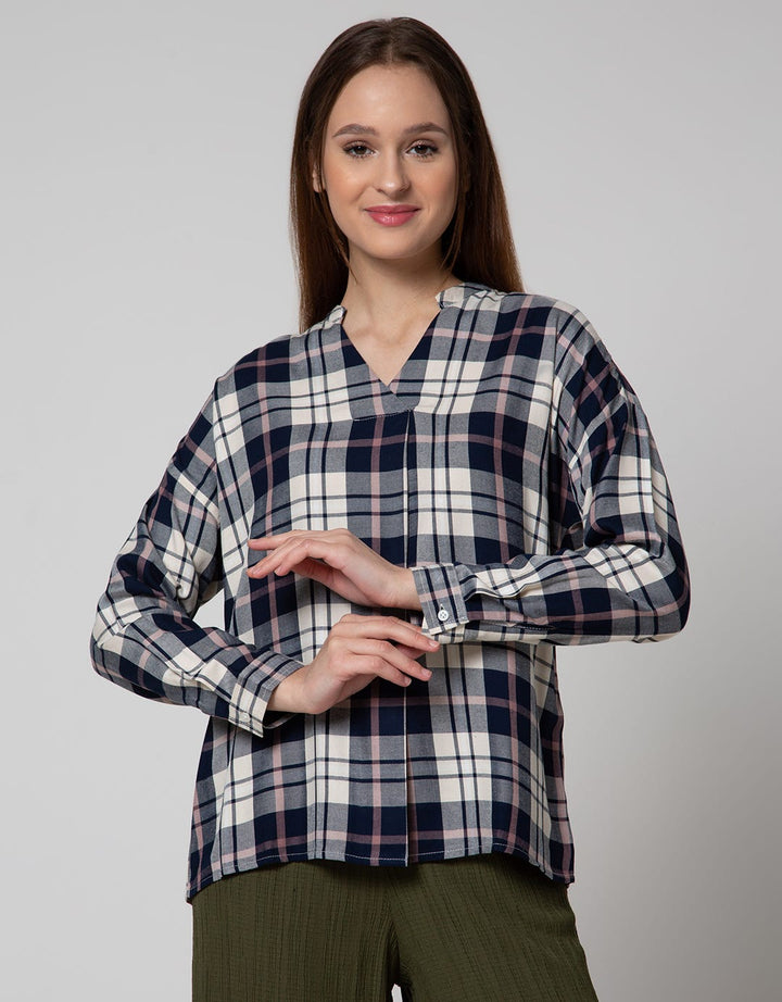 Connexion Long Sleeve Blouse Ryn Yd Check Hai Neck Skipper