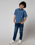 Little M Short Sleeve Shirt Denim Bordir Dino