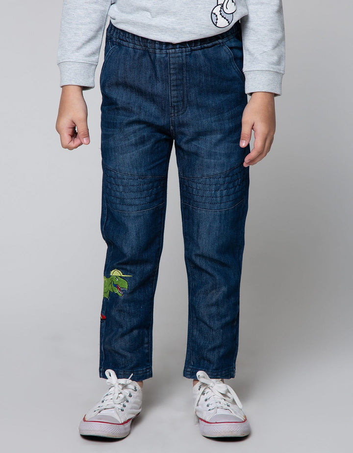 Little M Denim Pants Dino Print And Embroidery