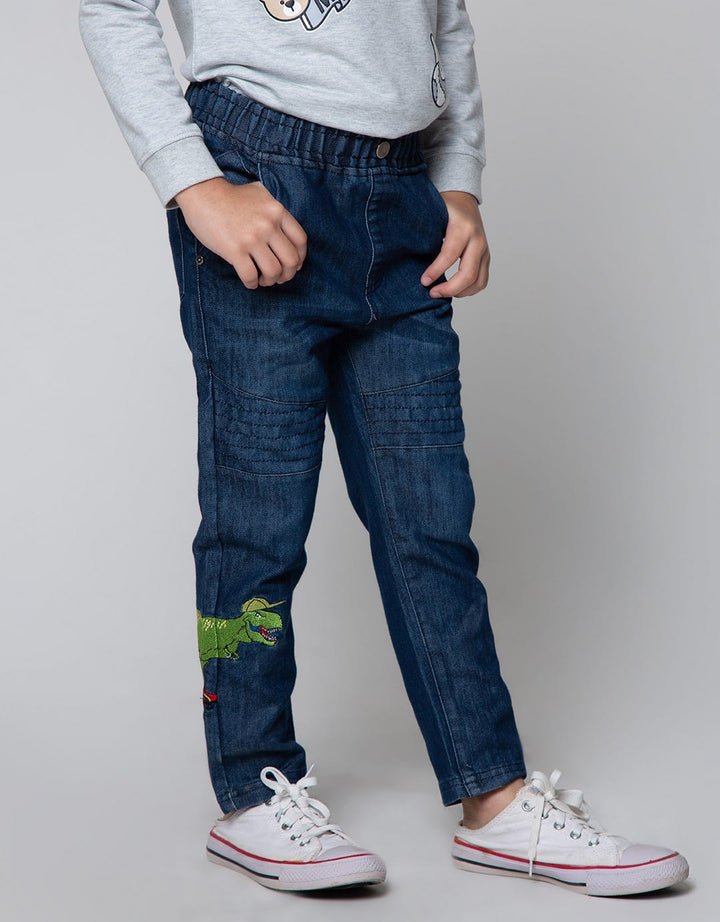 Little M Denim Pants Dino Print And Embroidery