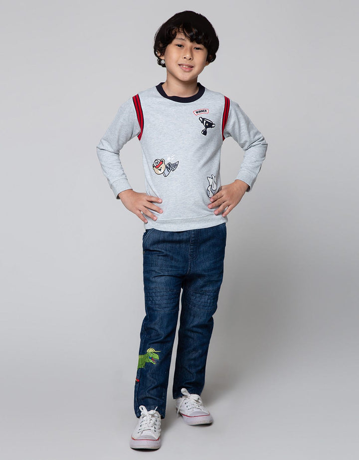 Little M Denim Pants Dino Print And Embroidery