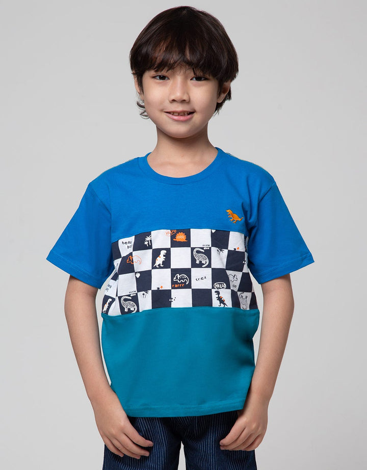 Little M Short Sleeve T-Shirt Checked Board Bordir Dino