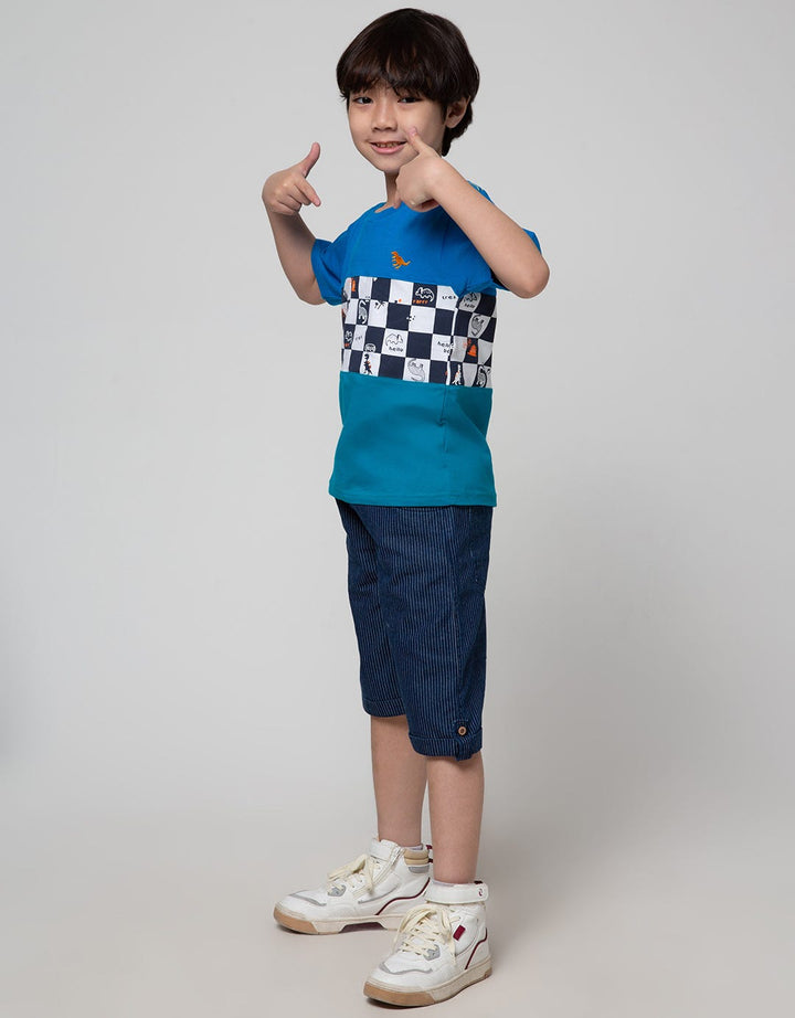 Little M Short Sleeve T-Shirt Checked Board Bordir Dino