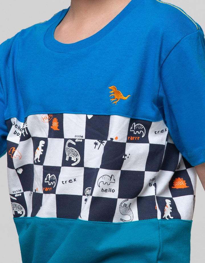 Little M Short Sleeve T-Shirt Checked Board Bordir Dino