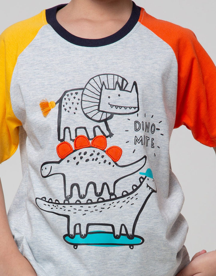 Little M Short Sleeve T-Shirt Raglan Dino Tassel Embroidery