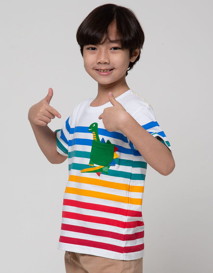 Little M Stripe Dino Bordir Kaos Anak Laki-laki