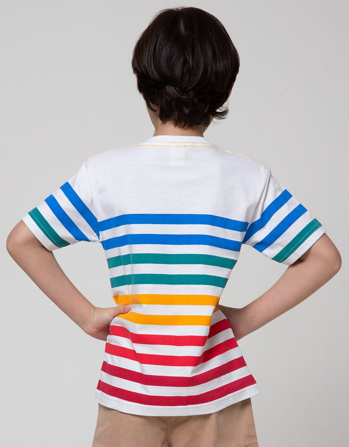 Little M Stripe Dino Bordir Kaos Anak Laki-laki