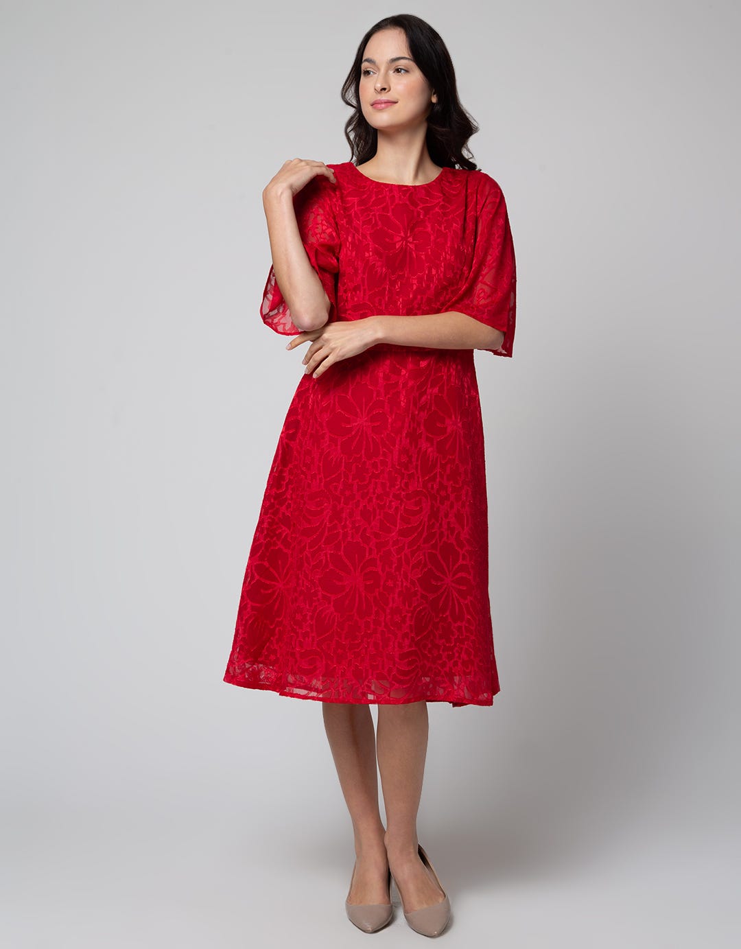 ST. YVES Short Sleeve Midi Dress Flowy With Texture