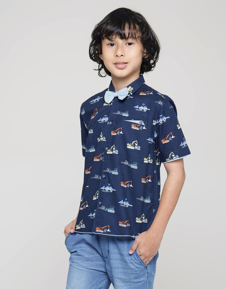 Little M Short Sleeve Kemeja Print Digger Slub