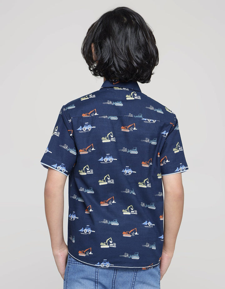 Little M Short Sleeve Kemeja Print Digger Slub