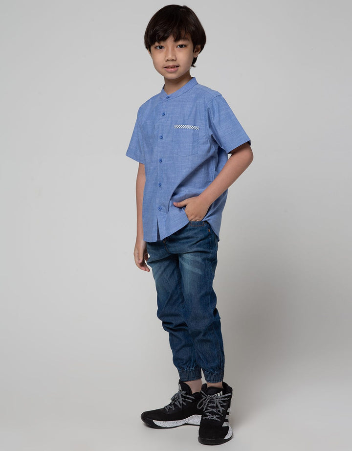 Little M Short Sleeve Kemeja Koko Casual Chambray Slub