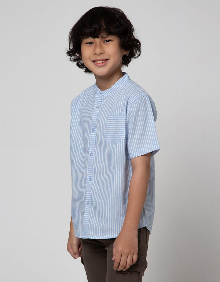 Little M Short Sleeve Kemeja Koko Casual Stripe Oxford Slub