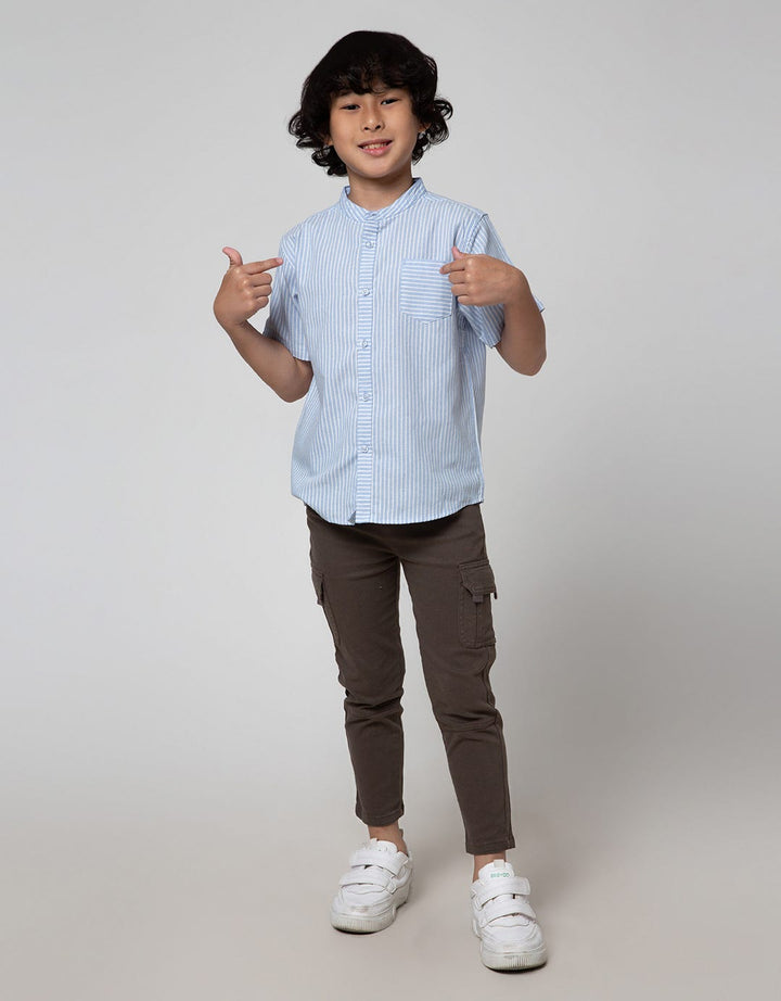 Little M Short Sleeve Kemeja Koko Casual Stripe Oxford Slub
