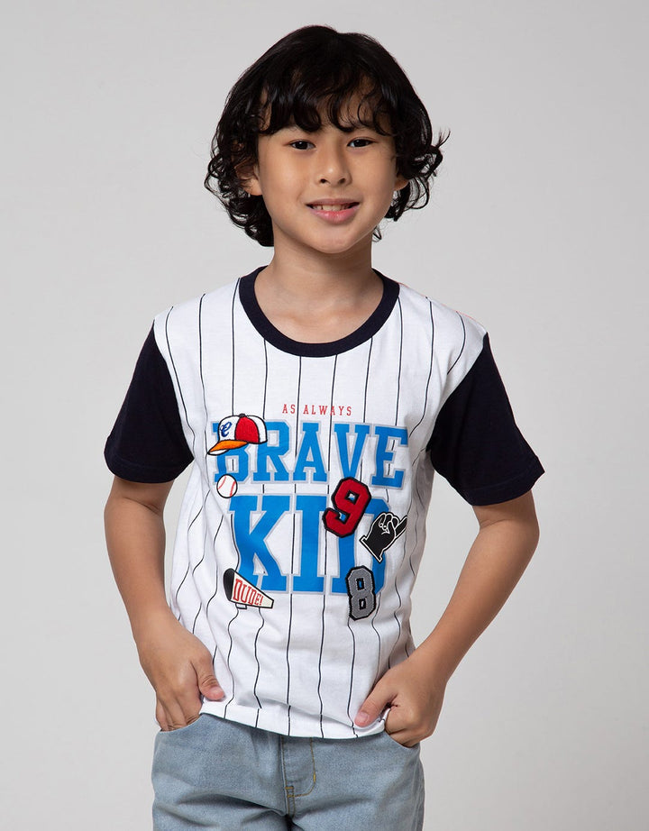 Little M Short Sleeve T-Shirt Print Brave Kid Stripe Bordir