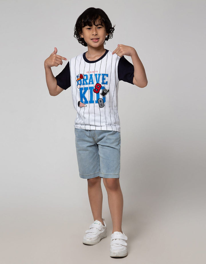 Little M Short Sleeve T-Shirt Print Brave Kid Stripe Bordir