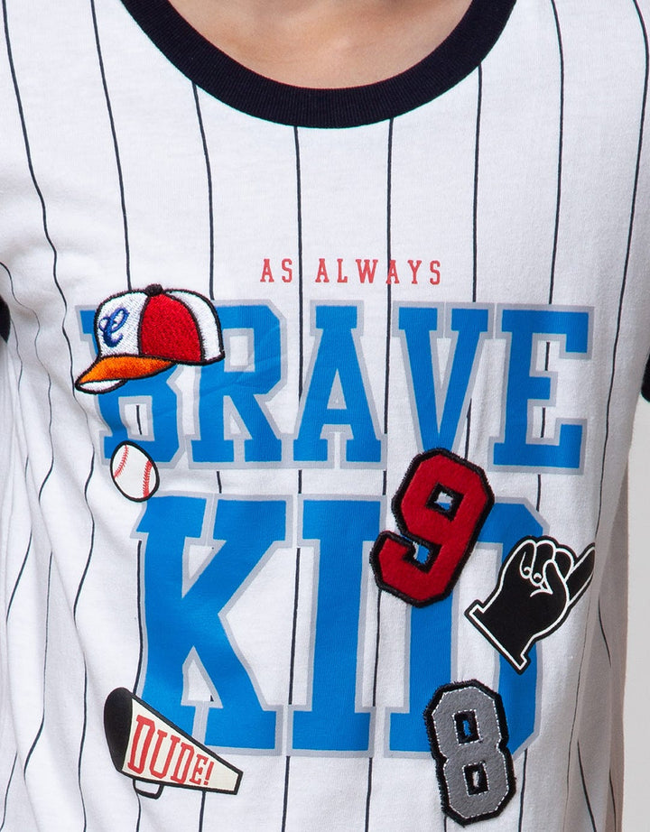 Little M Short Sleeve T-Shirt Print Brave Kid Stripe Bordir