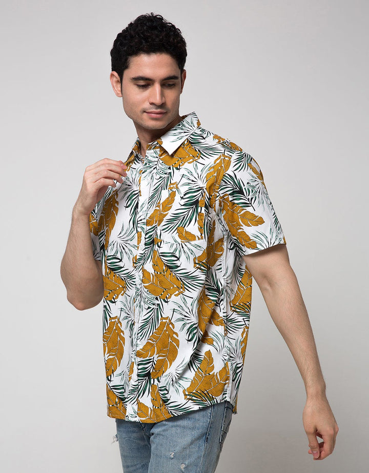 Walrus Kemeja Lengan Pendek Print Leaves Pria