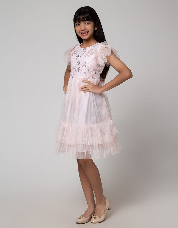 Sweet Miss Short Sleeve Midi Dress Hand Geber Flower Embroidery