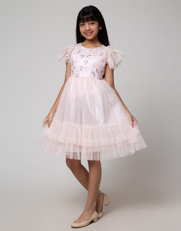 Sweet Miss Short Sleeve Midi Dress Hand Geber Flower Embroidery