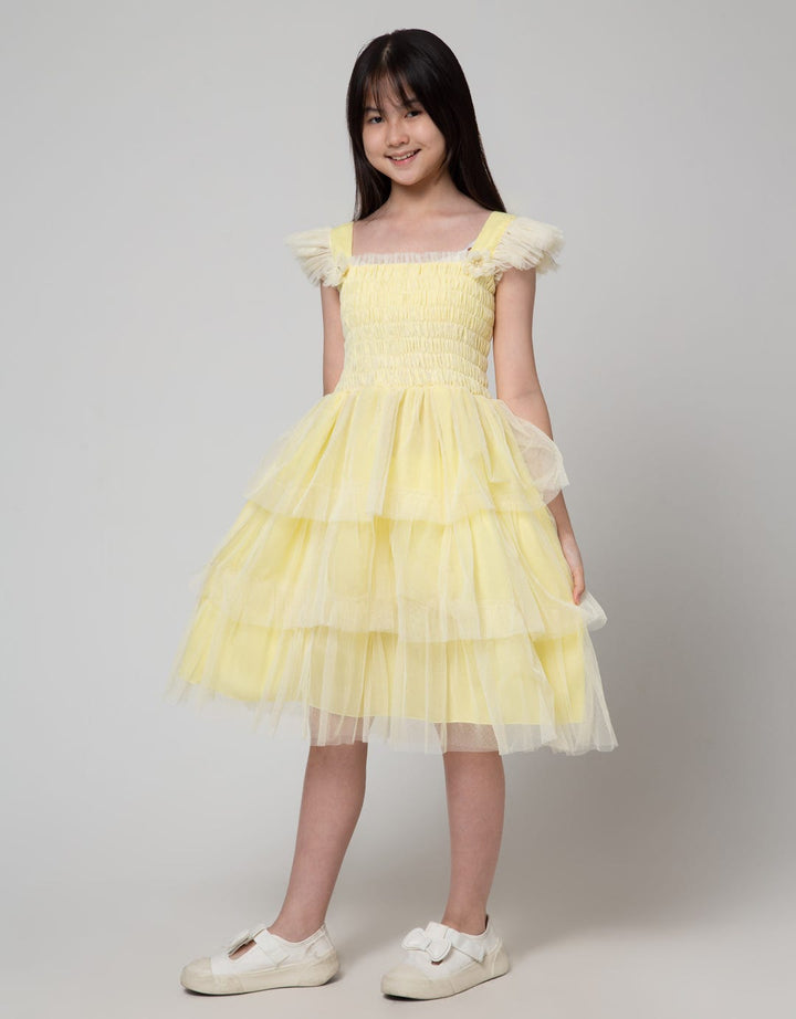 Sweet Miss Short Sleeve Midi Dress with Ruffled Chest and Slit