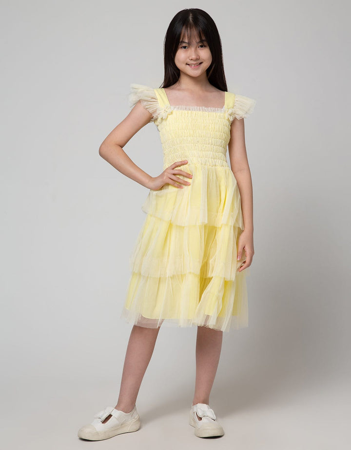 Sweet Miss Short Sleeve Midi Dress with Ruffled Chest and Slit
