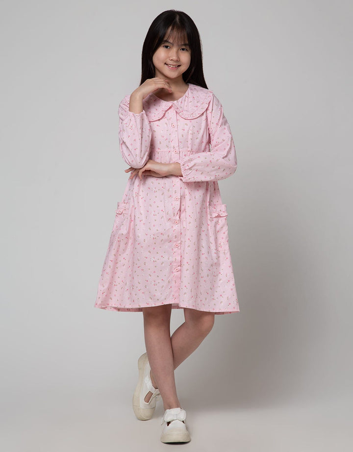 Sweet Miss Long Sleeve Midi Dress Full Print Flower Doll Collar