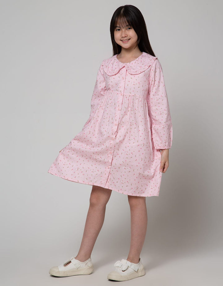 Sweet Miss Long Sleeve Midi Dress Full Print Flower Doll Collar