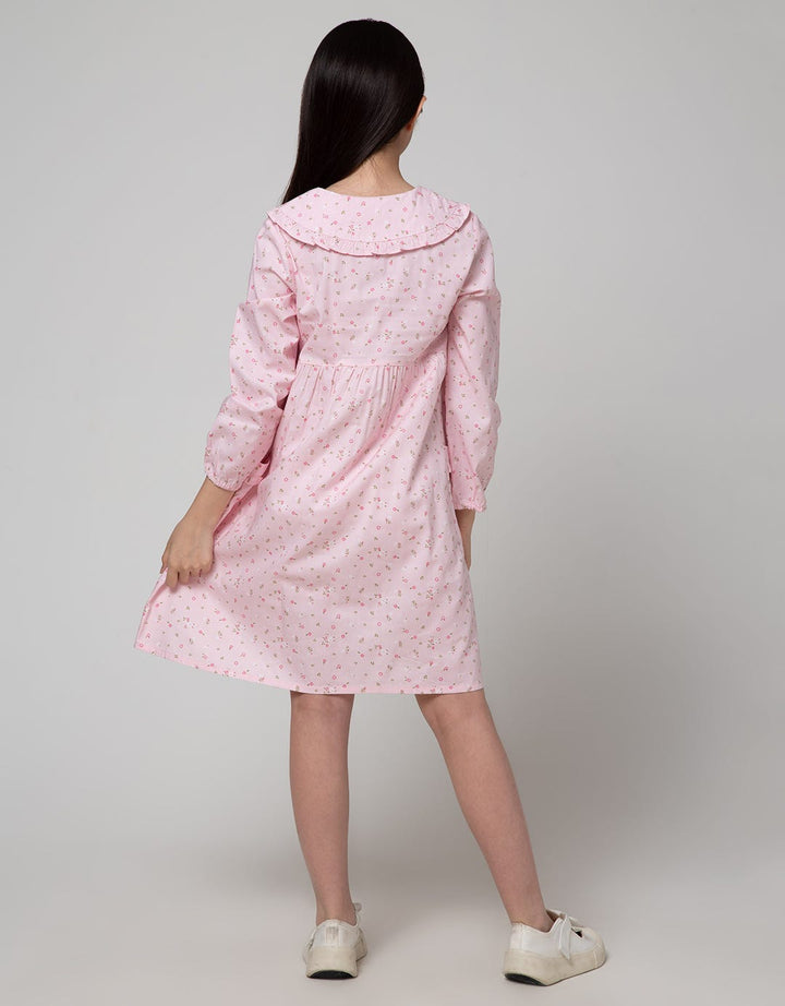 Sweet Miss Long Sleeve Midi Dress Full Print Flower Doll Collar