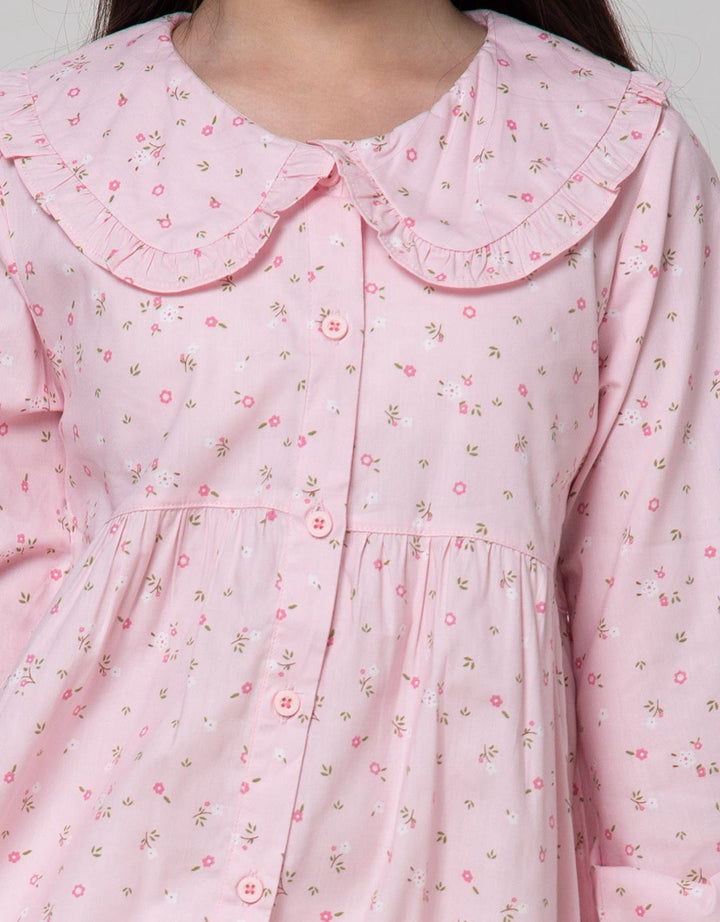 Sweet Miss Long Sleeve Midi Dress Full Print Flower Doll Collar