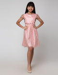 Sweet Miss Short Sleeve Midi Dress Embroidery Ribbon Neckline Ruffles Waist Flower