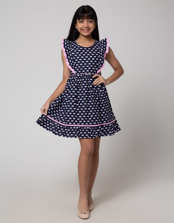 Sweet Miss Midi Dress Ruffle Shoulder Chest Full Print