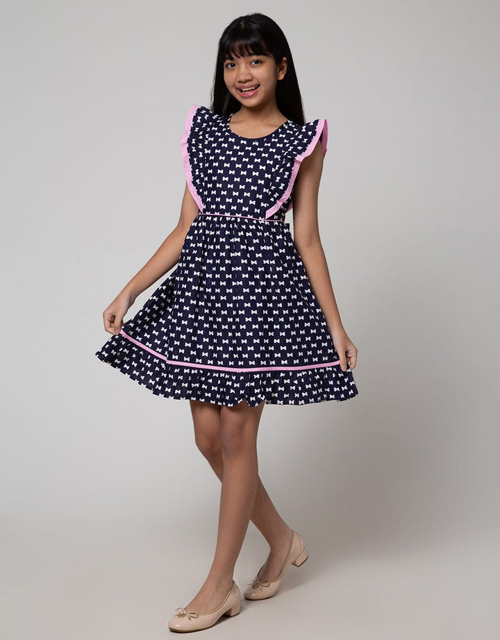 Sweet Miss Midi Dress Ruffle Shoulder Chest Full Print