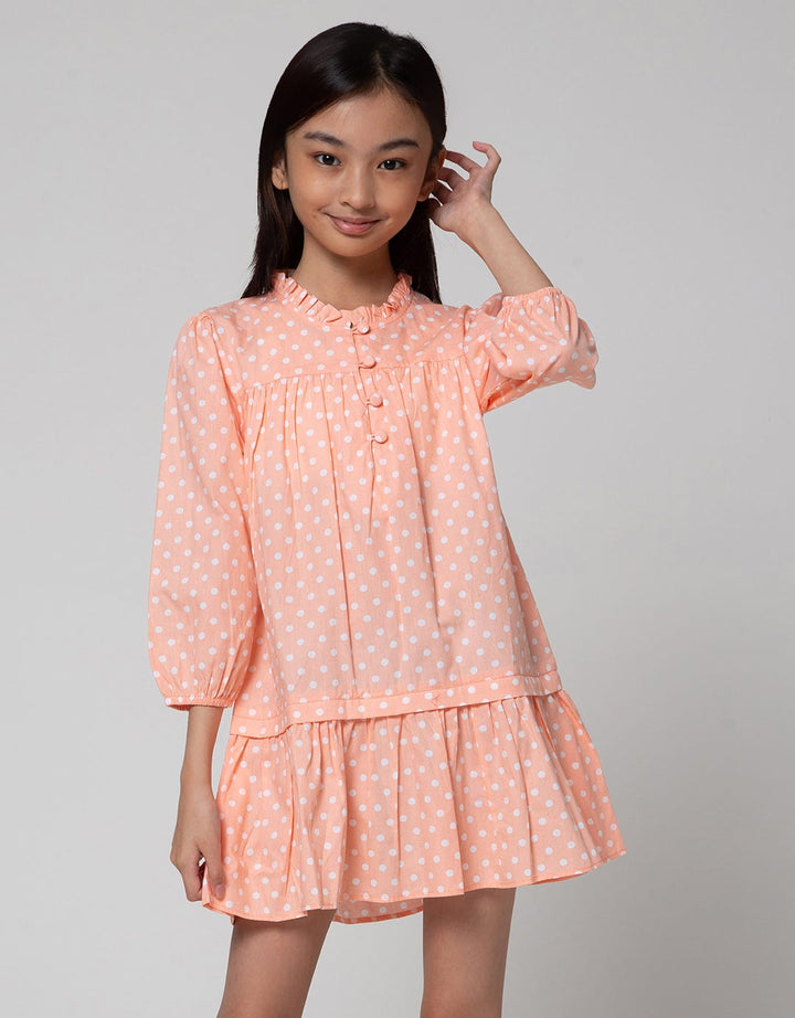 Aero Long Sleeve Midi Dress Woven Ruffle Neck Front Button