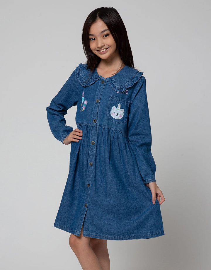 Aero Long Sleeve Midi Dress Denim Ruffle