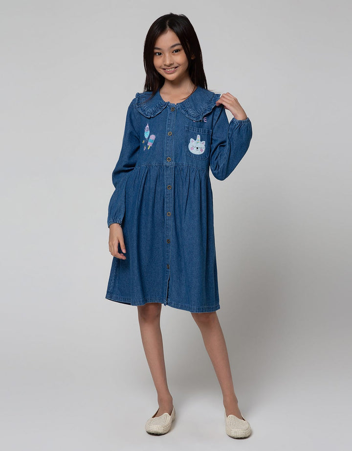 Aero Long Sleeve Midi Dress Denim Ruffle