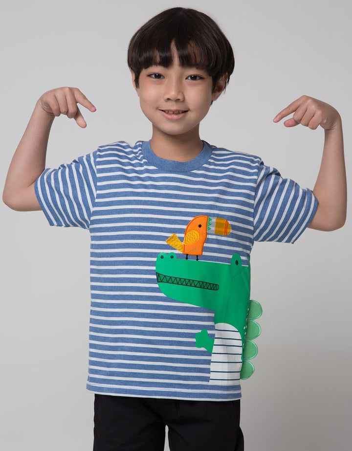Little M Short Sleeve T-Shirt Stripe Dino Bordir Cucuk