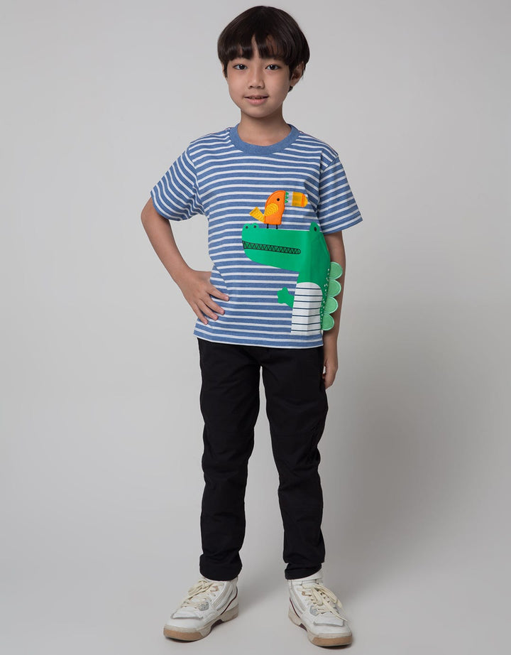 Little M Short Sleeve T-Shirt Stripe Dino Bordir Cucuk