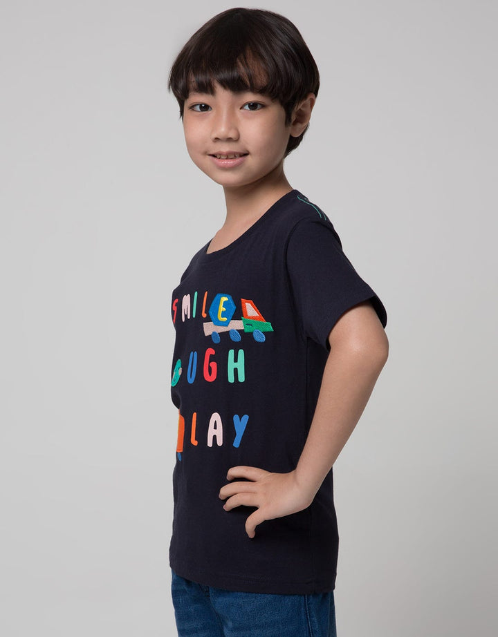 Little M Short Sleeve T-Shirt Print Smile Laugh Play Embroidery