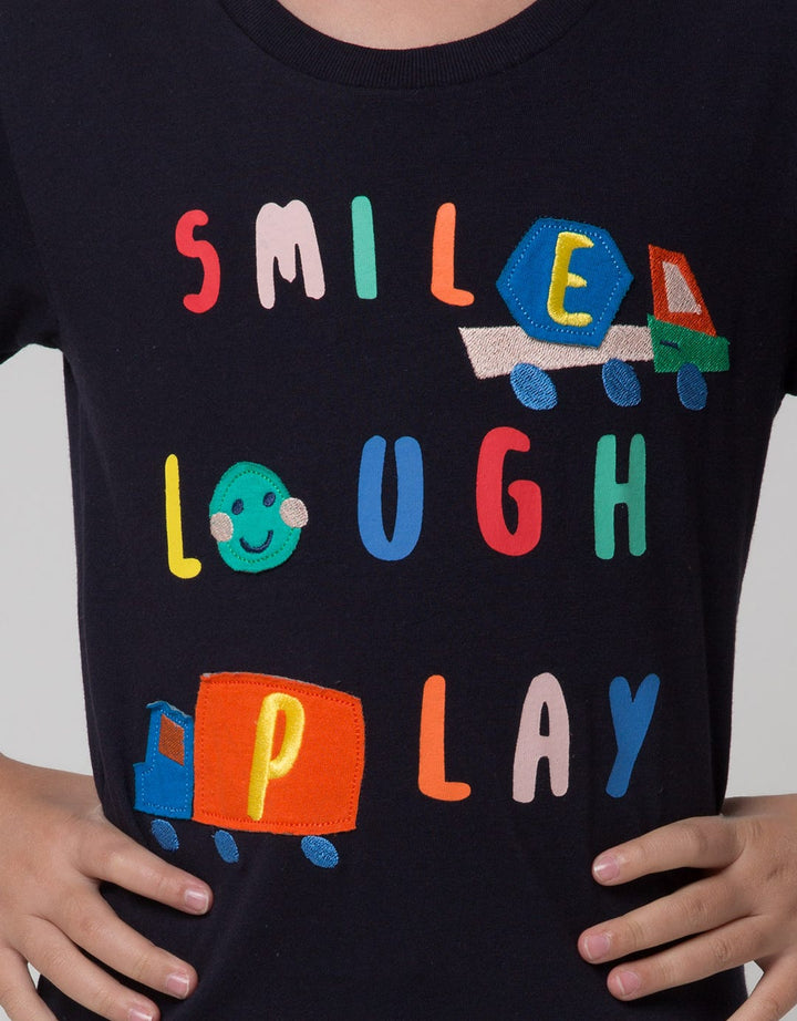 Little M Short Sleeve T-Shirt Print Smile Laugh Play Embroidery