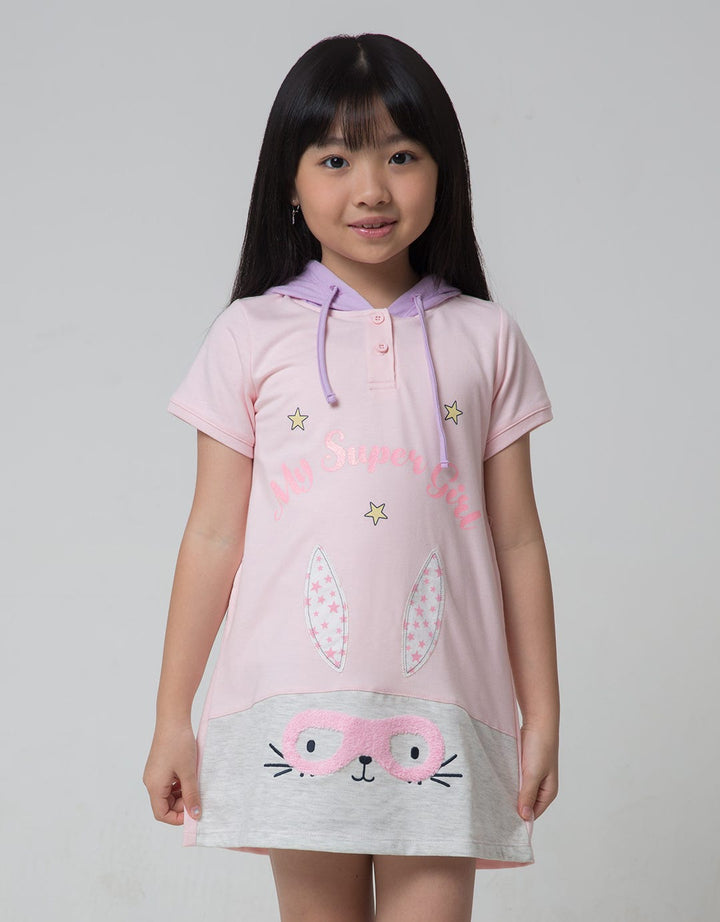 Little M Short Sleeve Midi Dress Hoodie Super Bunny Bordir