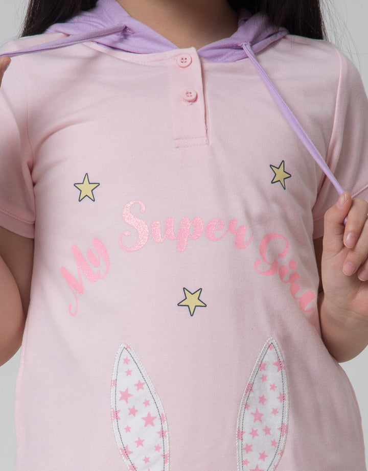 Little M Short Sleeve Midi Dress Hoodie Super Bunny Bordir