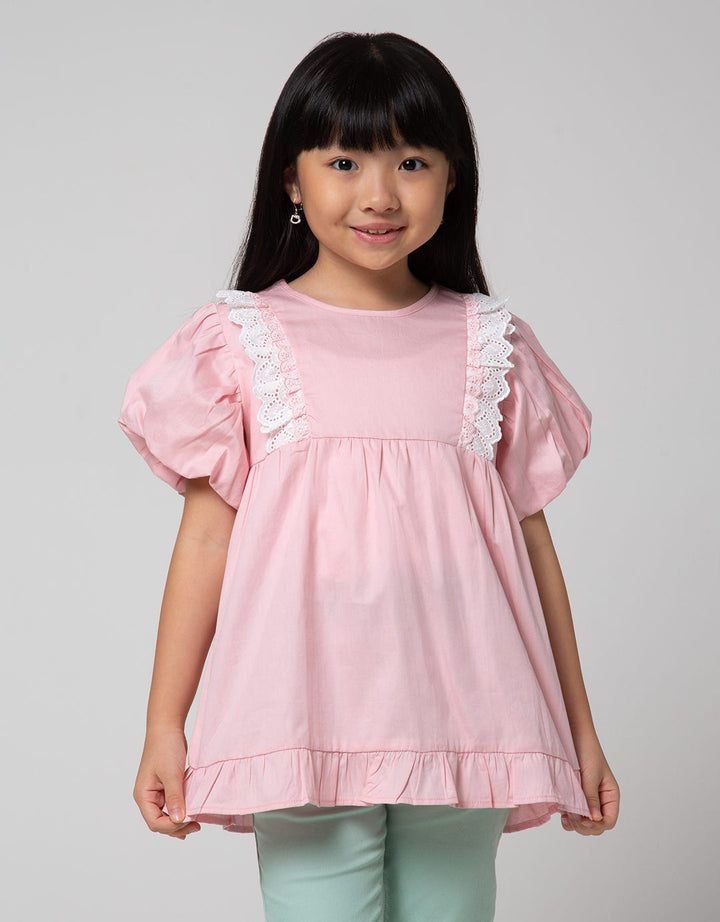 Little M Short Sleeve Blouse Ruffle Lace Lengan Puff